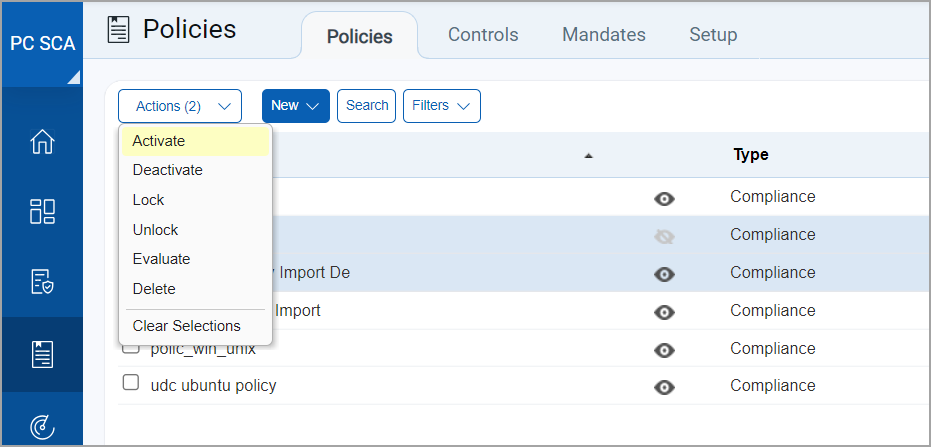 Activate option selected under the Actions Dropdown menu.